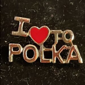 Vintage-1970s-gold tone & red enamel “I love to Polka” hat/lapel pin/tie tack